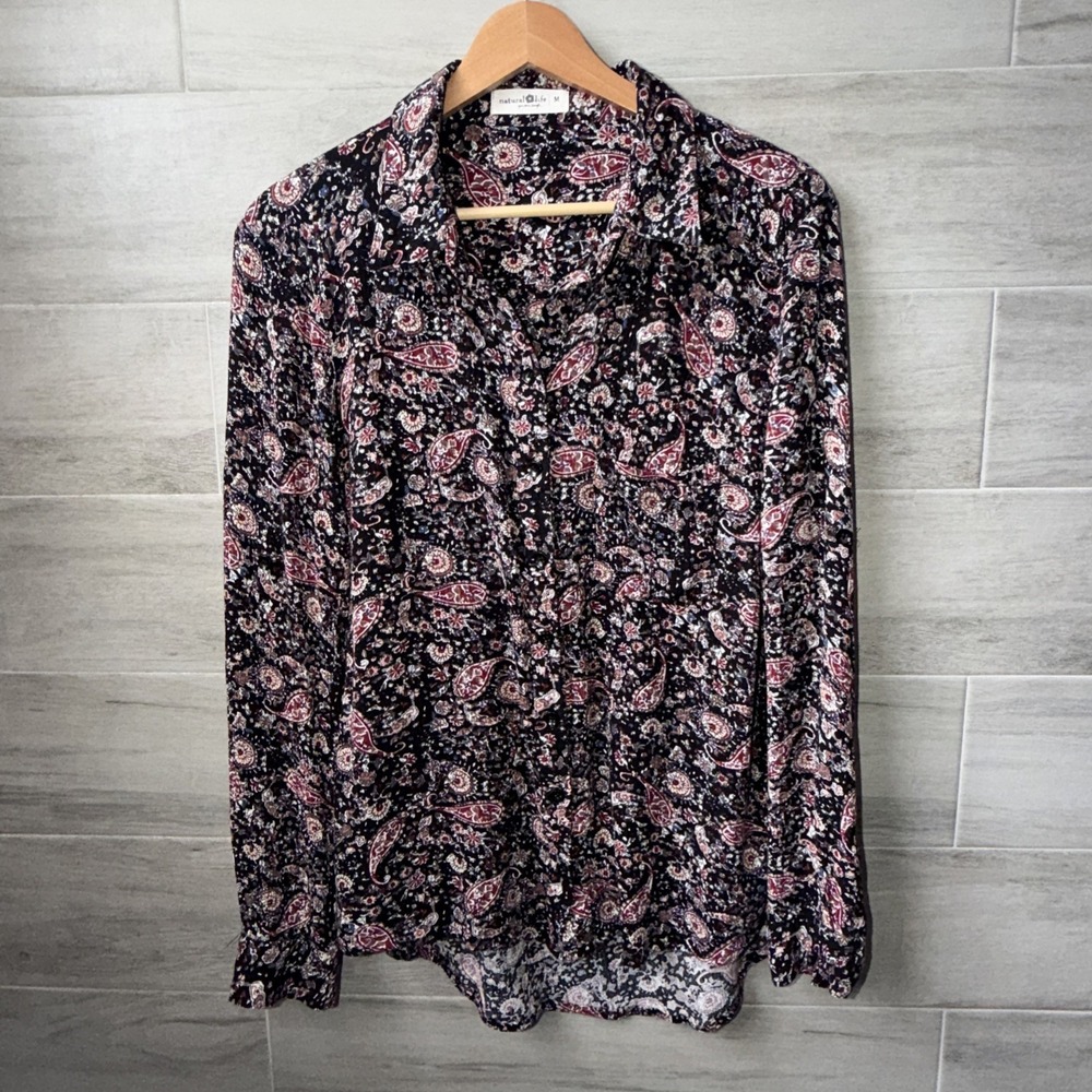 Natural Life Black Paisley Long Sleeve Button Down Shirt Woman's Size Medium